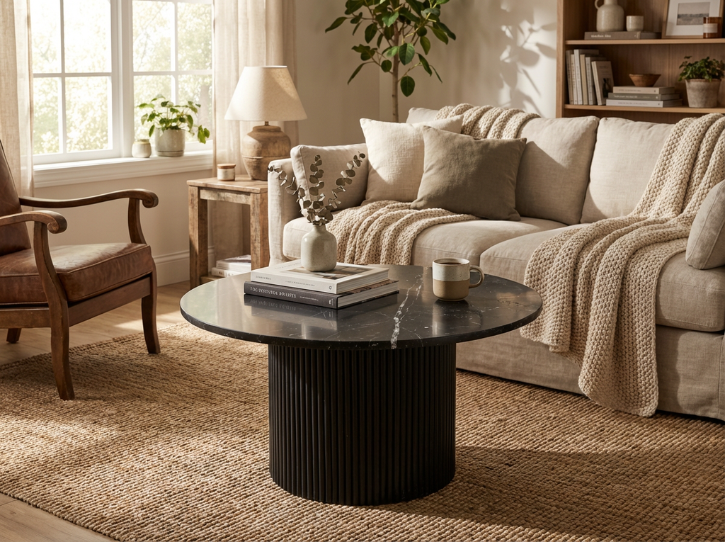 Table basse ronde bois et marbre – 80 x 80 x 42 cm