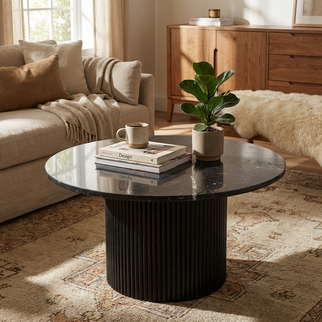 Table basse ronde bois et marbre – 80 x 80 x 42 cm