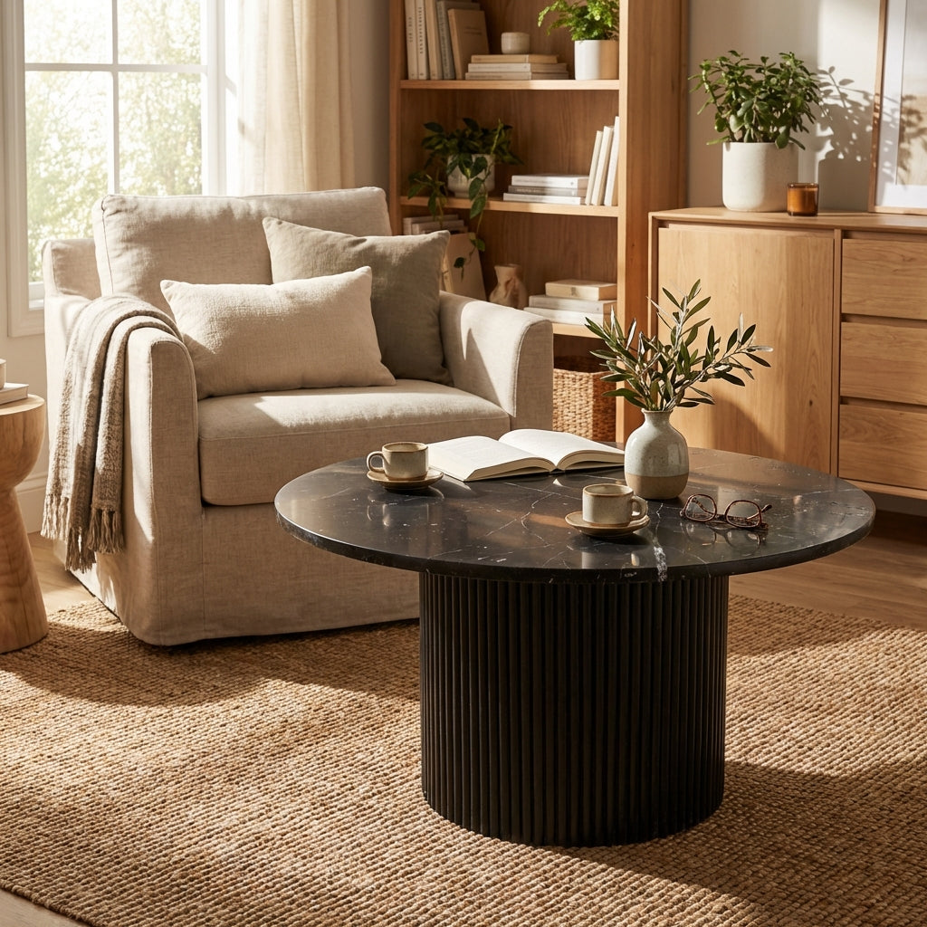 Table basse ronde bois et marbre – 80 x 80 x 42 cm