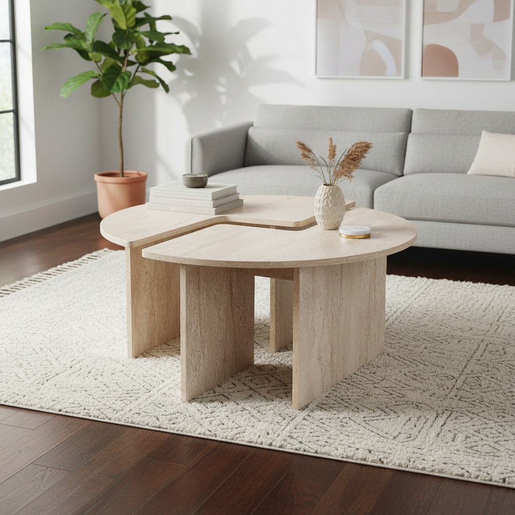 Table basse ronde effet marbre travertin 90 x 90 x 41 cm