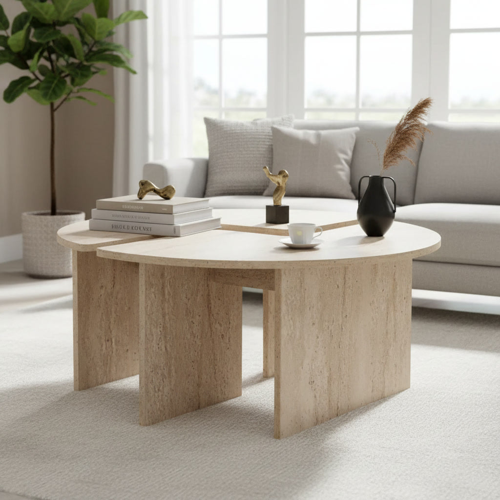 Table basse ronde effet marbre travertin 90 x 90 x 41 cm