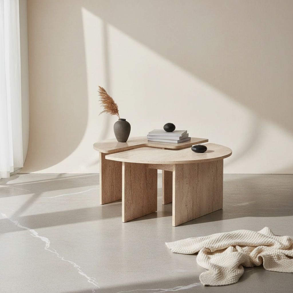 Table basse ronde effet marbre travertin 90 x 90 x 41 cm