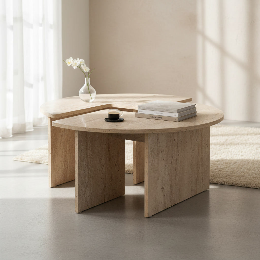 Table basse ronde effet marbre travertin 90 x 90 x 41 cm