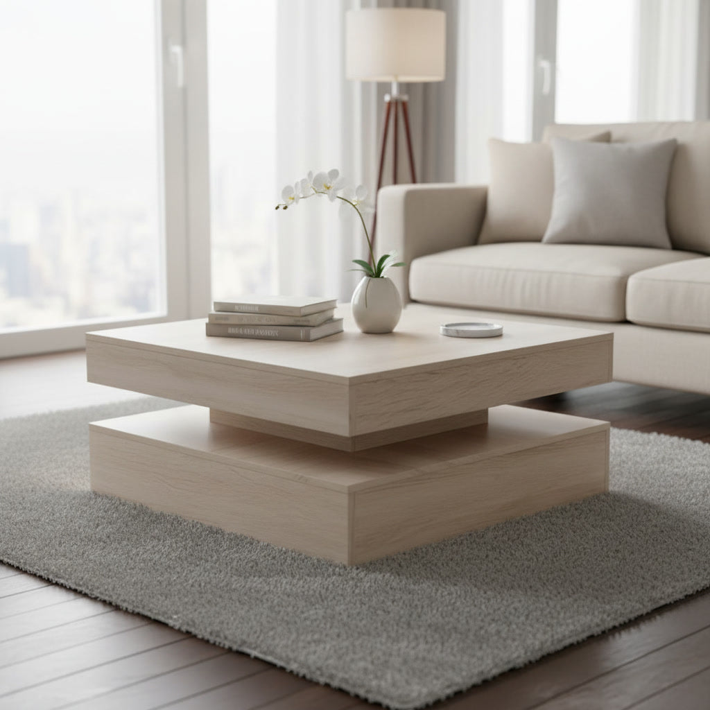 Table basse carrée en bois avec plateau tournant 78 x 78 x 36 cm