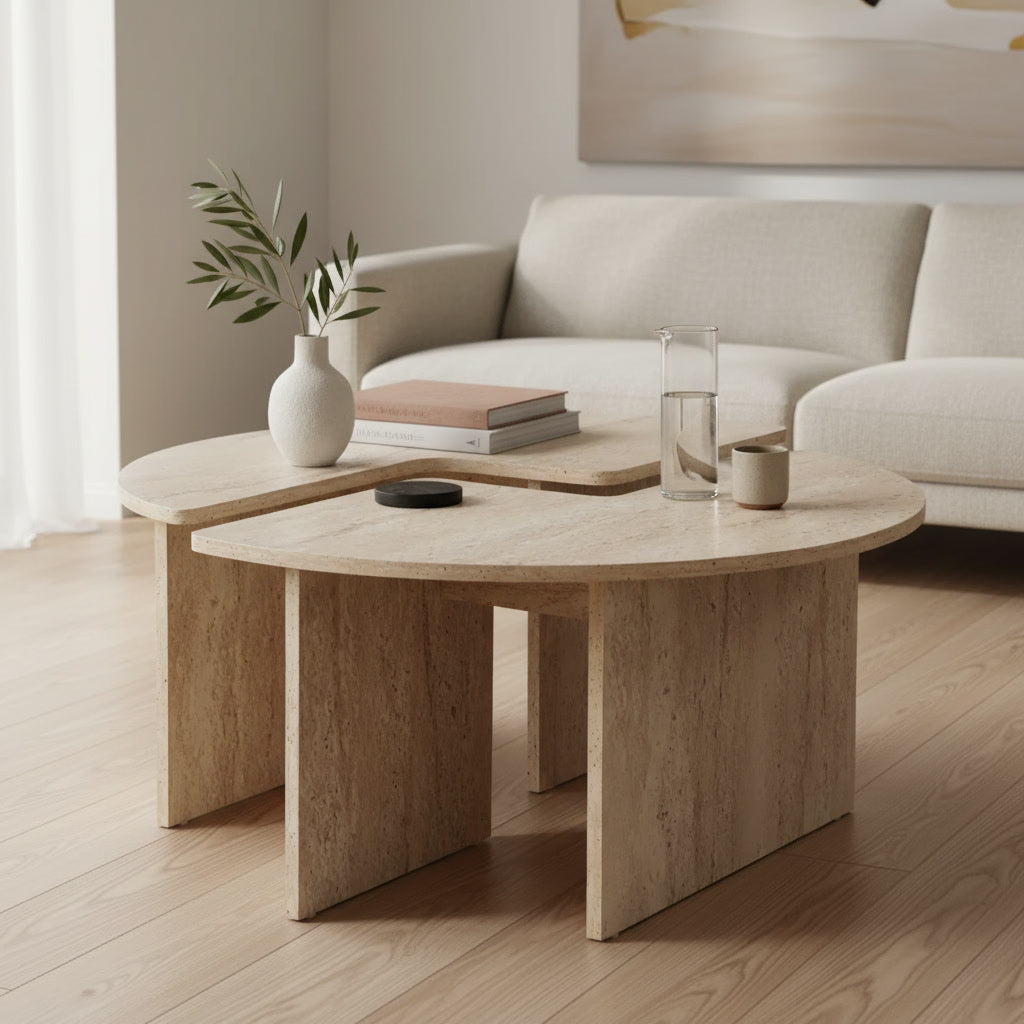 Table basse ronde effet marbre travertin 90 x 90 x 41 cm