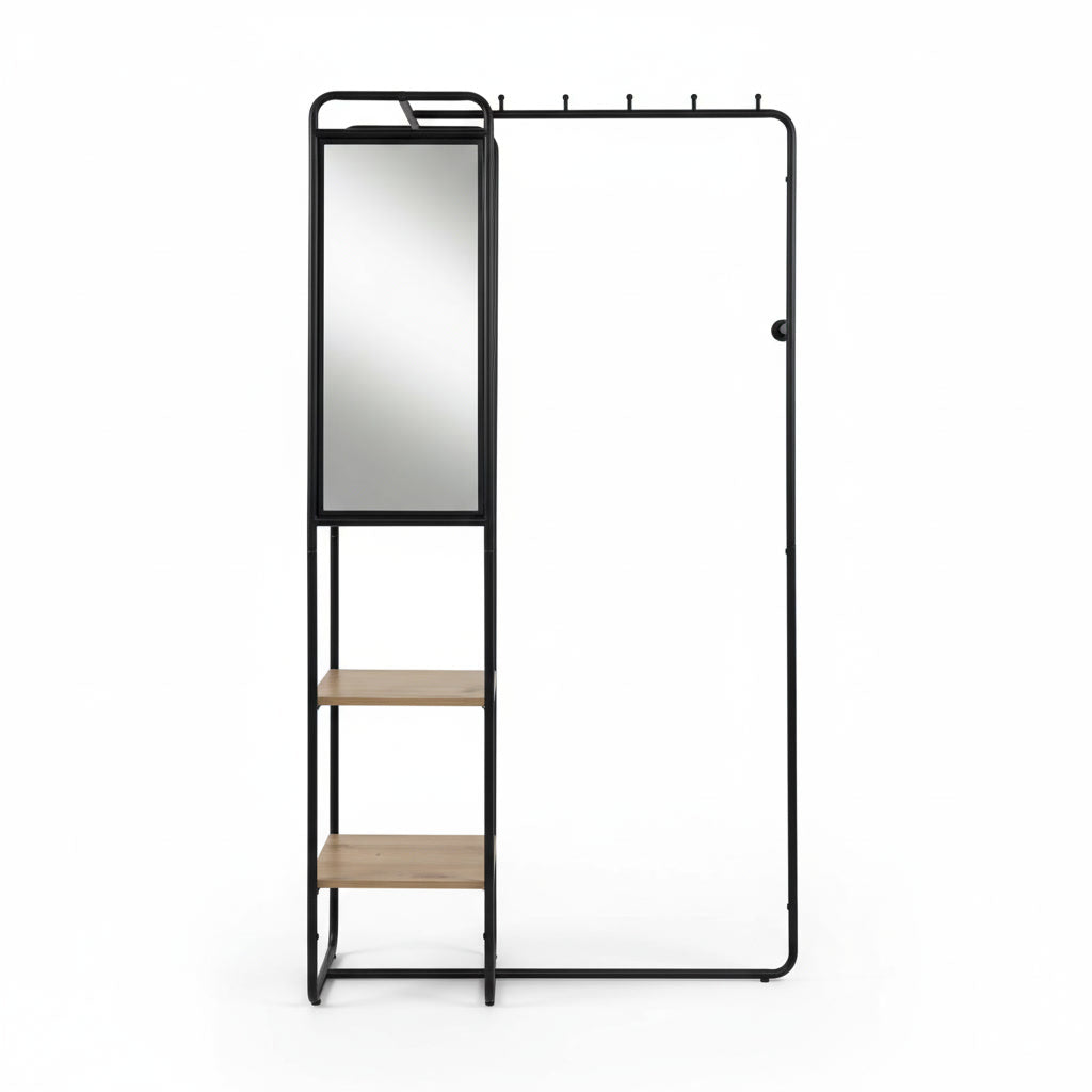 Meuble d’entrée avec miroir et étagères en métal et finition bois – 100 x 185 x 37 cm