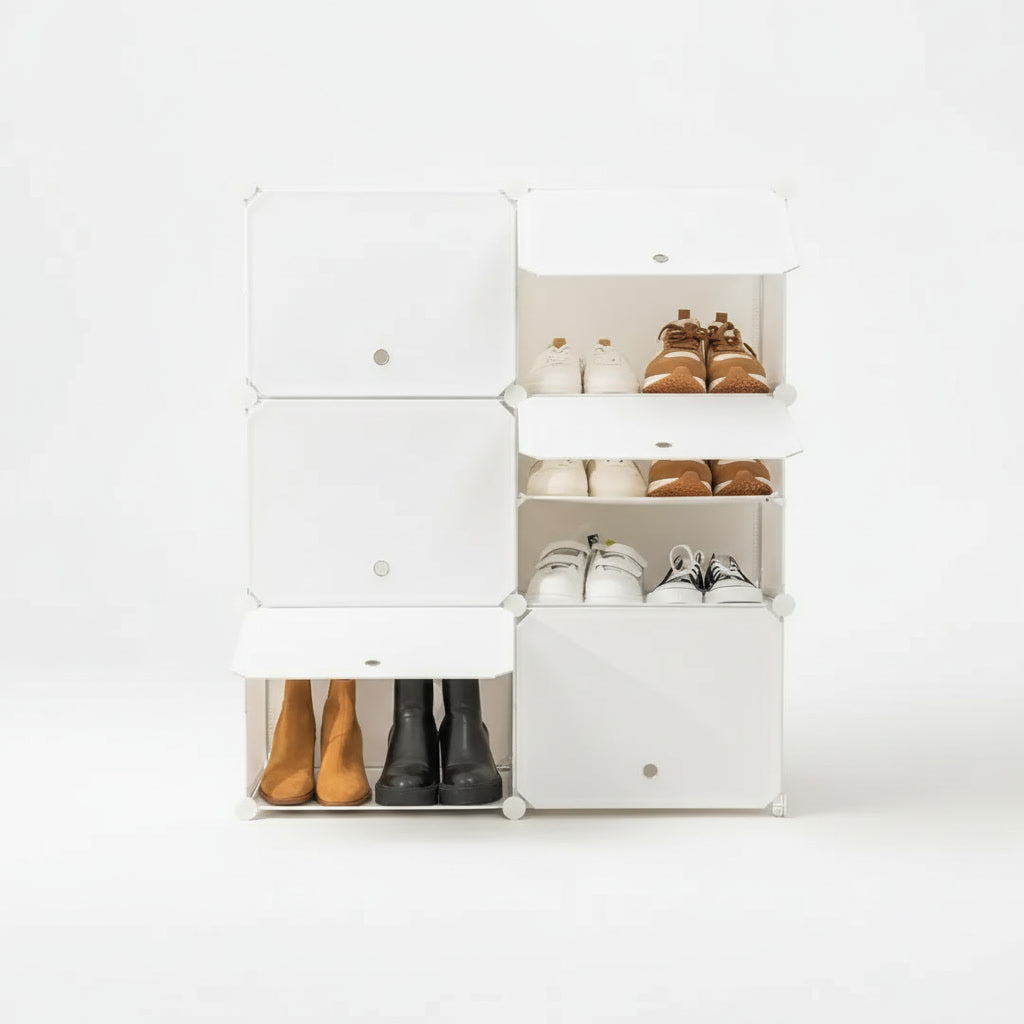 Étagère à chaussures modulaire blanche avec portes ventilées et porte-manteau