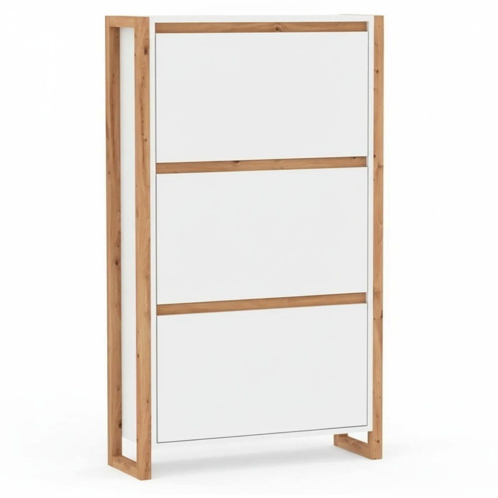 Meuble à chaussures vertical blanc et chêne 12 paires 70 x 25 x 125 cm