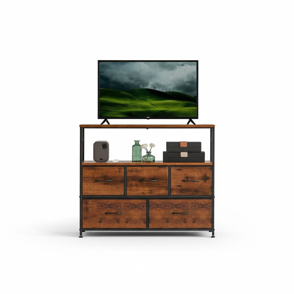Meuble TV avec rangements – Console multimédia bois et métal, 5 tiroirs, 100 cm