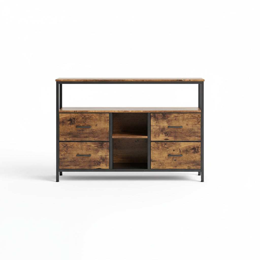 Buffet de rangement bois et métal avec éclairage LED – 4 tiroirs et étagères