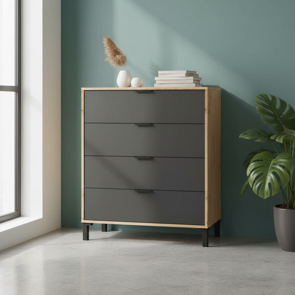 Commode compacte 4 tiroirs noir et marron 77,5 x 40 x 93,5 cm