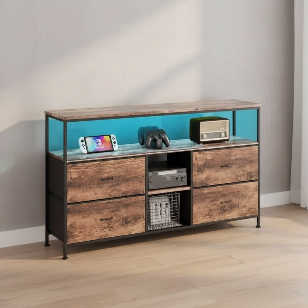 Buffet de rangement bois et métal avec éclairage LED – 4 tiroirs et étagères