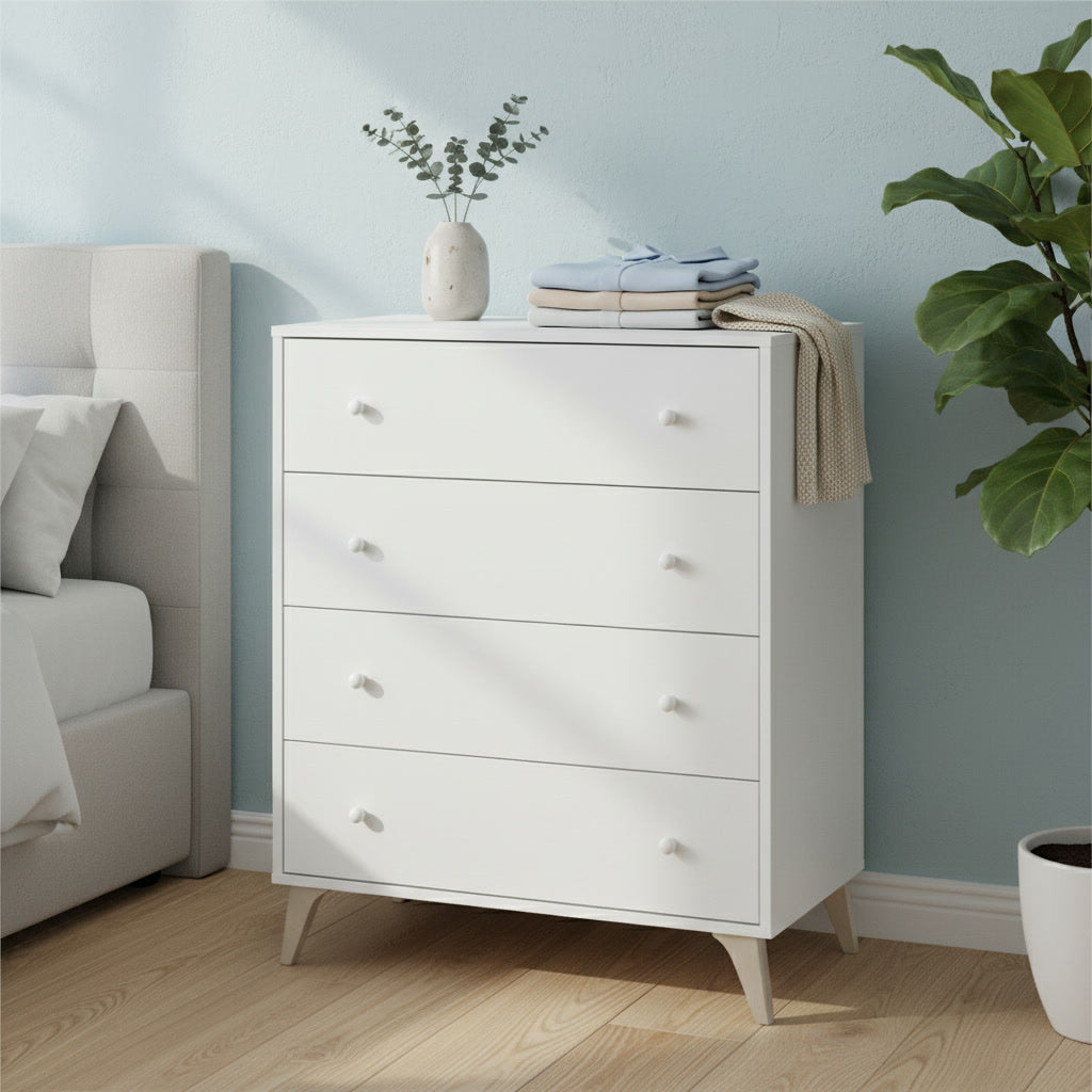 Commode compacte blanche 4 tiroirs 95 x 77,5 x 40 cm