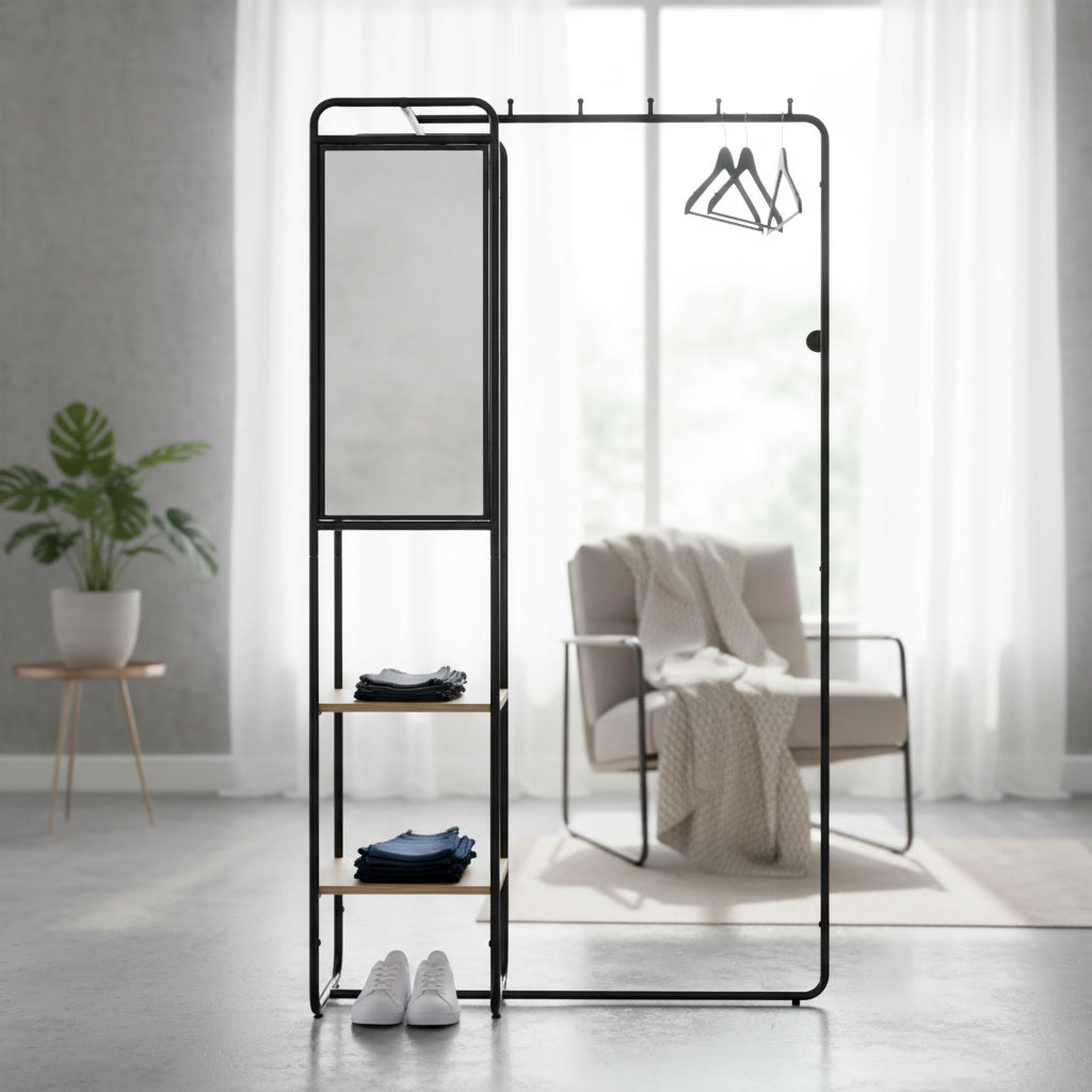 Meuble d’entrée avec miroir et étagères en métal et finition bois – 100 x 185 x 37 cm