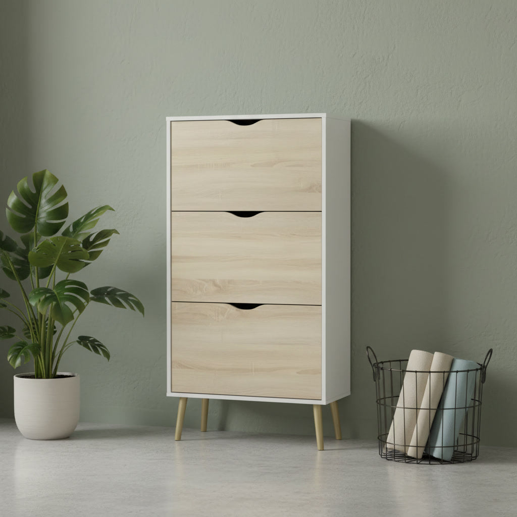 Meuble à chaussures vertical blanc et chêne 12 paires 70,2 x 23,9 x 138,9 cm