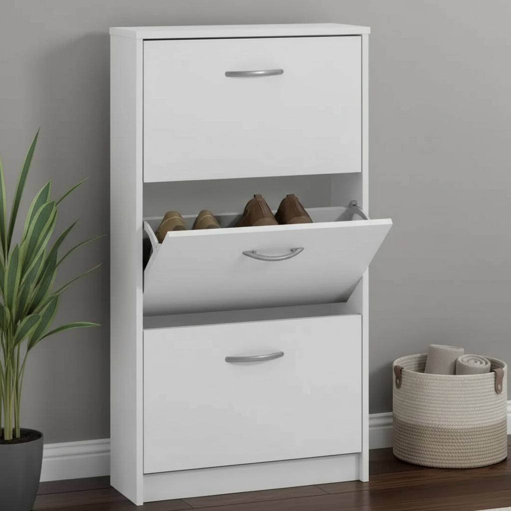 Meuble à chaussures vertical blanc 3 rabats 6 paires 58,5 x 104,5 x 17 cm