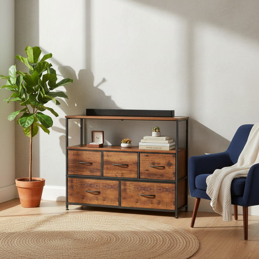 Meuble TV avec rangements – Console multimédia bois et métal, 5 tiroirs, 100 cm