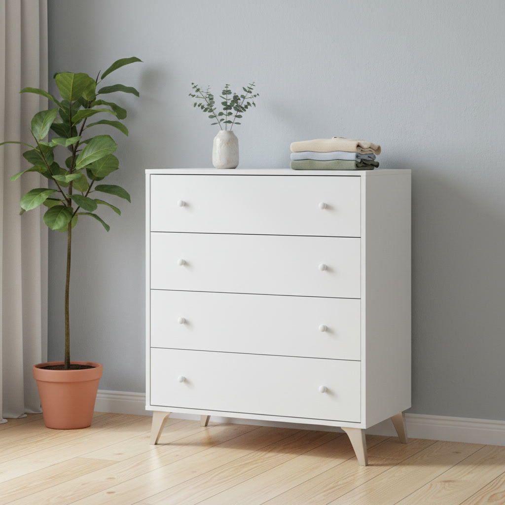 Commode compacte blanche 4 tiroirs 95 x 77,5 x 40 cm