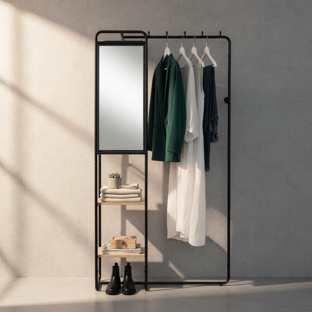 Meuble d’entrée avec miroir et étagères en métal et finition bois – 100 x 185 x 37 cm