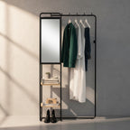 Meuble d’entrée avec miroir et étagères en métal et finition bois – 100 x 185 x 37 cm