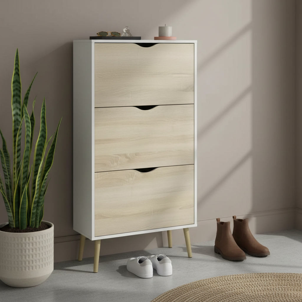 Meuble à chaussures vertical blanc et chêne 12 paires 70,2 x 23,9 x 138,9 cm