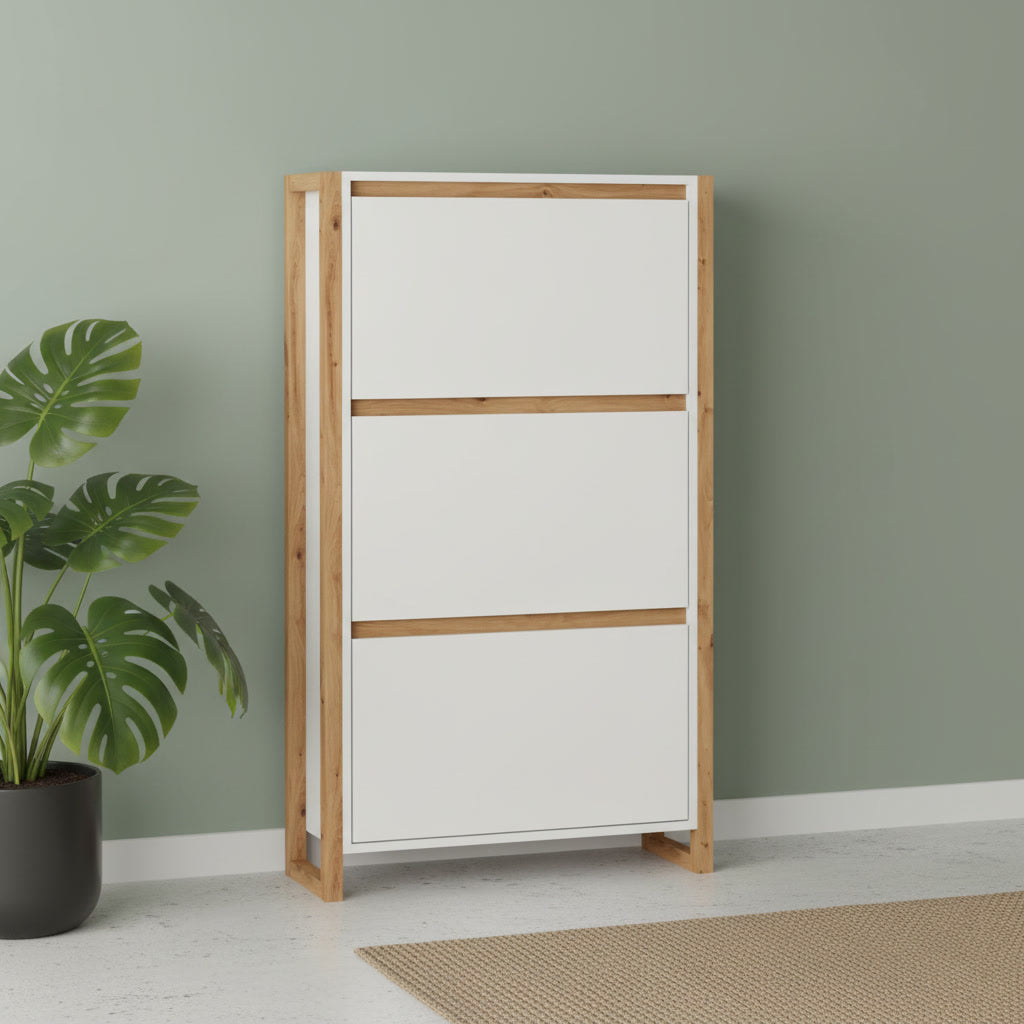 Meuble à chaussures vertical blanc et chêne 12 paires 70 x 25 x 125 cm