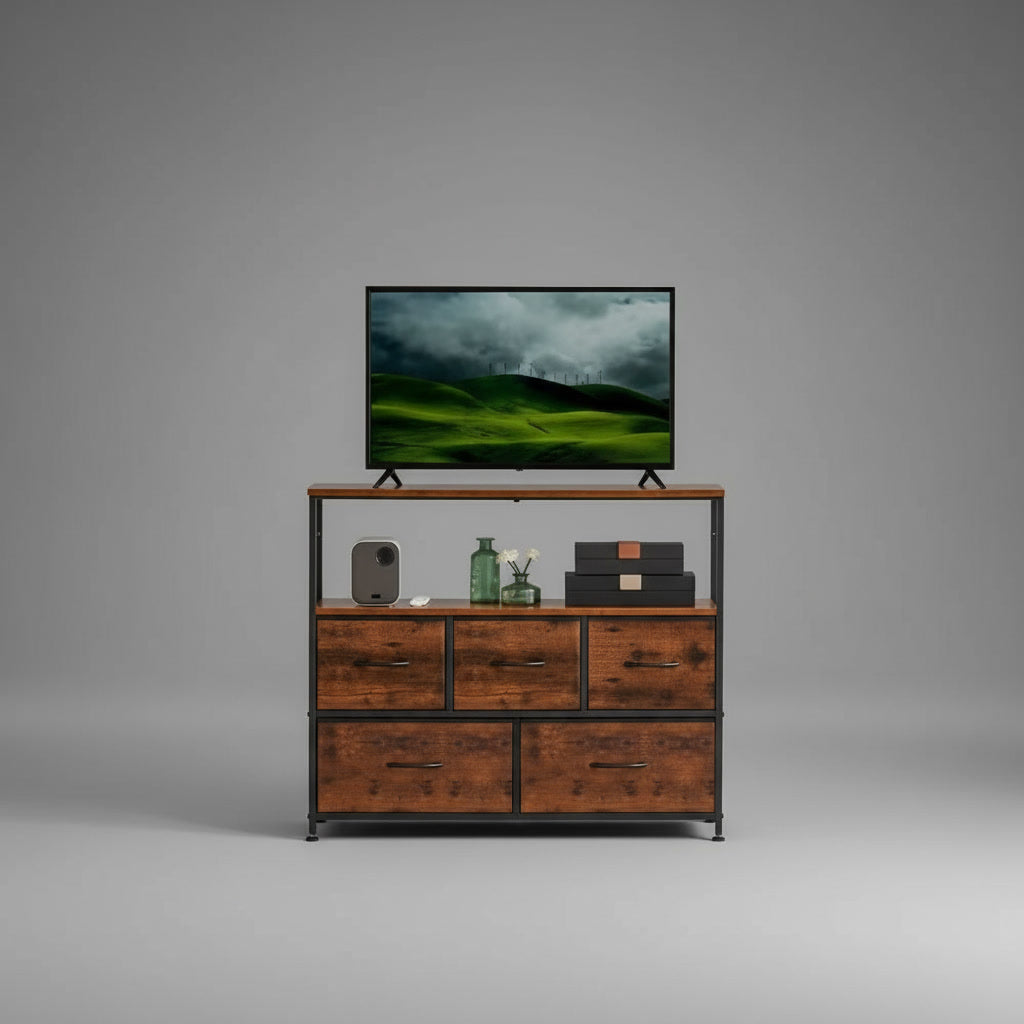 Meuble TV avec rangements – Console multimédia bois et métal, 5 tiroirs, 100 cm