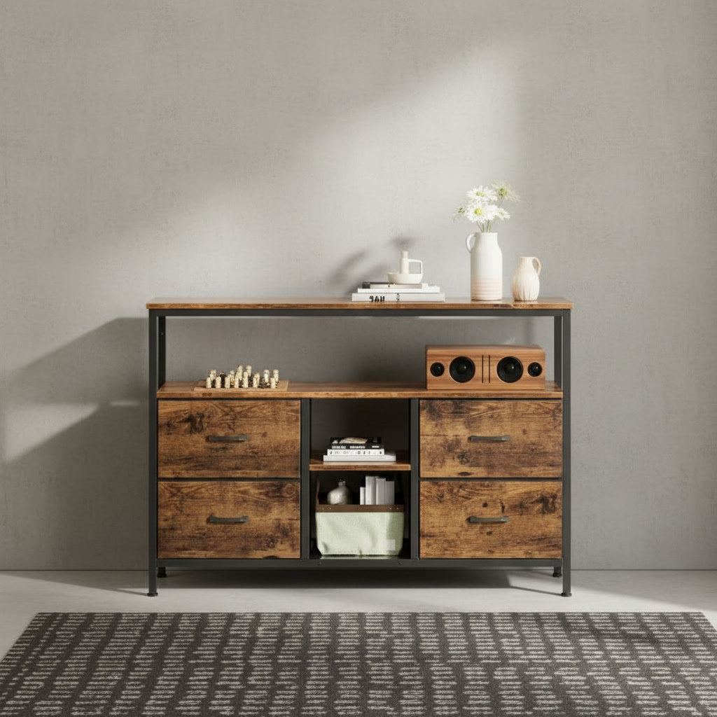 Buffet de rangement bois et métal avec éclairage LED – 4 tiroirs et étagères