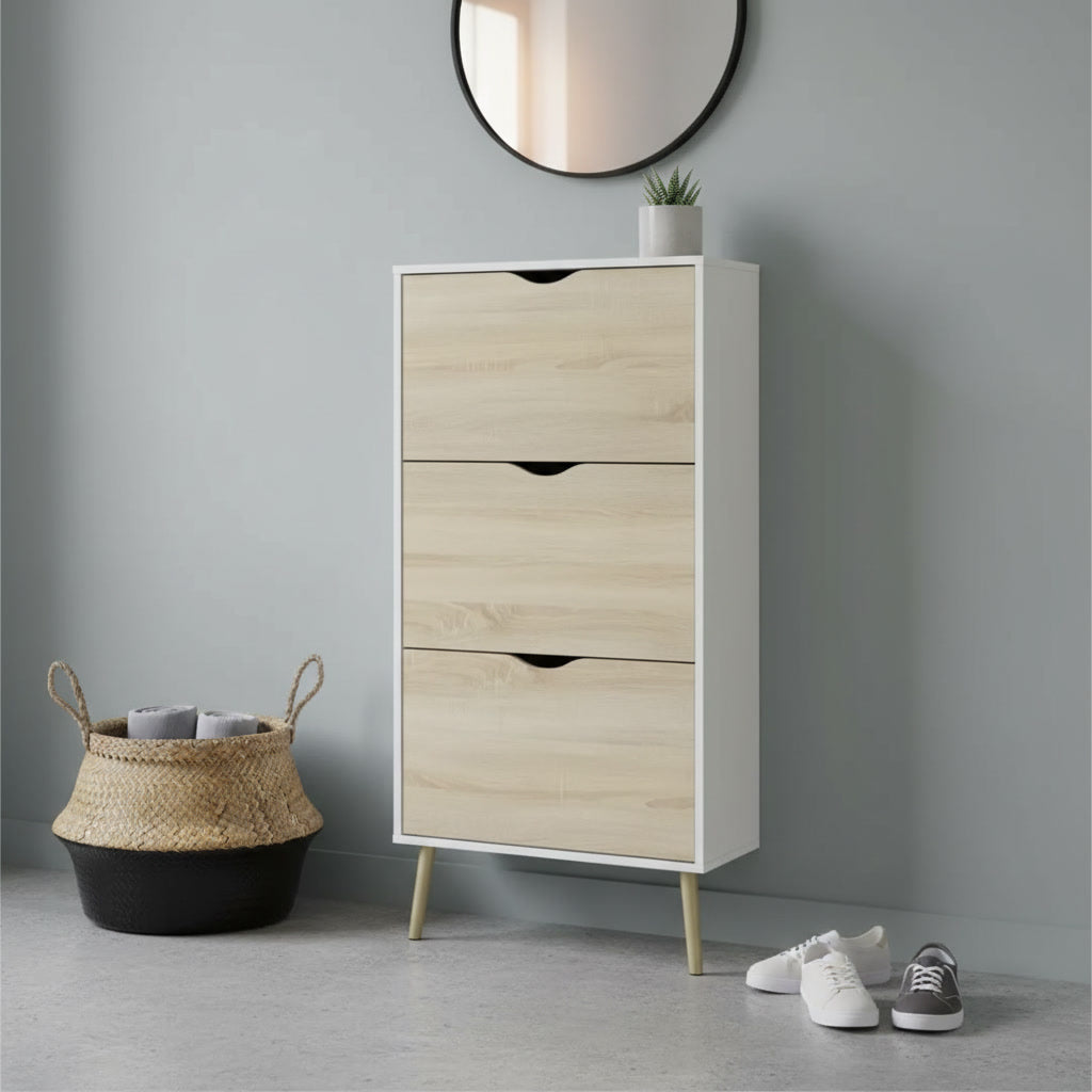 Meuble à chaussures vertical blanc et chêne 12 paires 70,2 x 23,9 x 138,9 cm