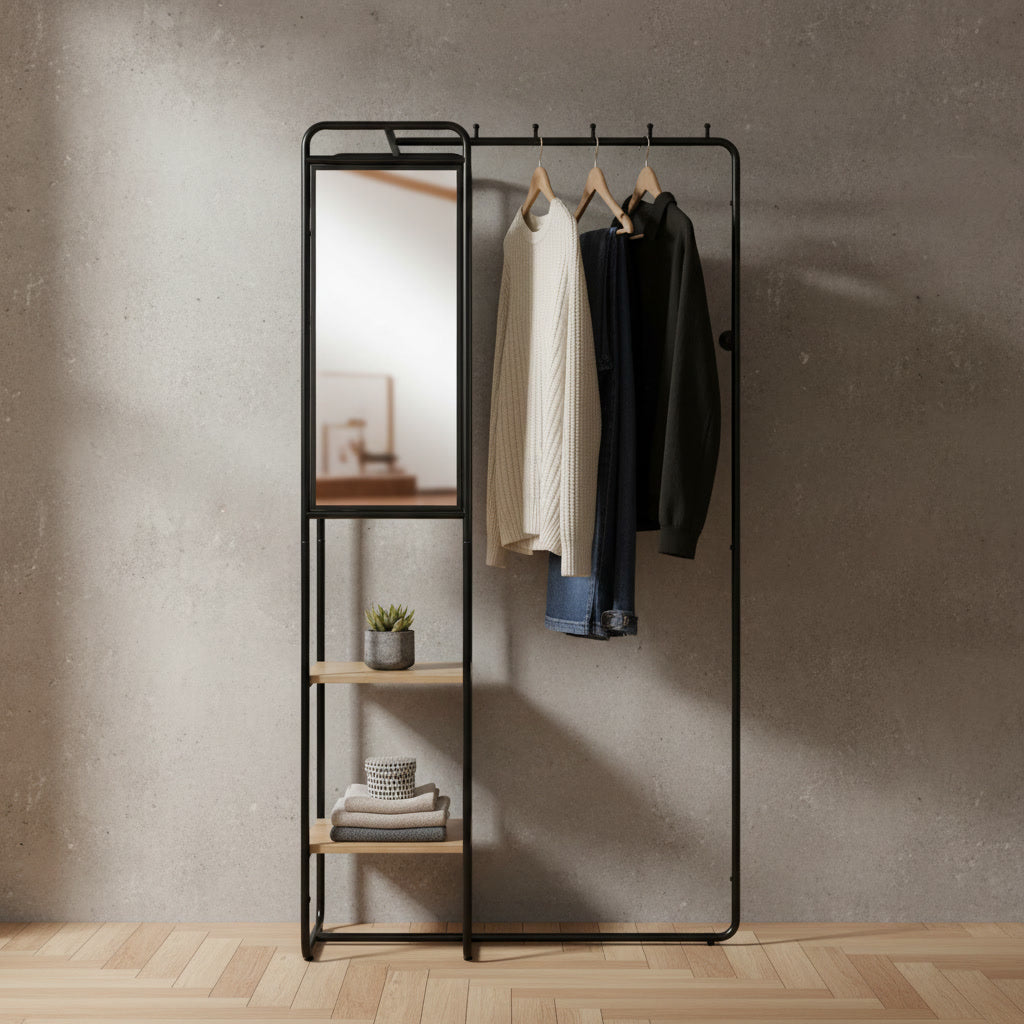 Meuble d’entrée avec miroir et étagères en métal et finition bois – 100 x 185 x 37 cm