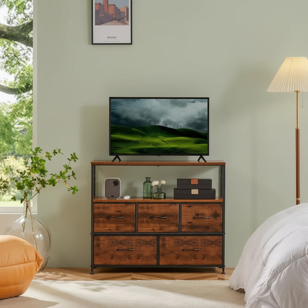 Meuble TV avec rangements – Console multimédia bois et métal, 5 tiroirs, 100 cm