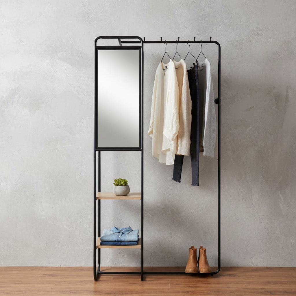 Meuble d’entrée avec miroir et étagères en métal et finition bois – 100 x 185 x 37 cm