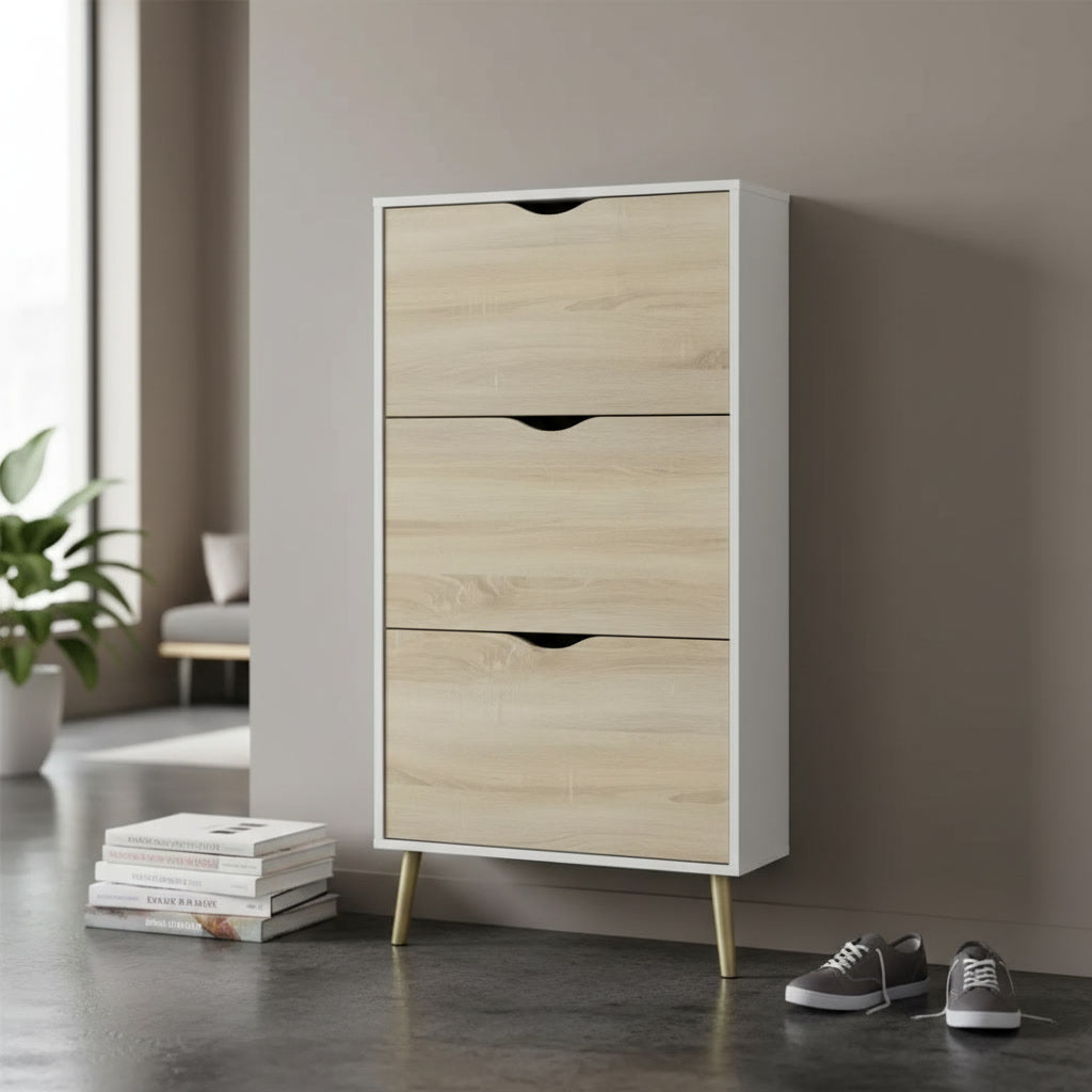 Meuble à chaussures vertical blanc et chêne 12 paires 70,2 x 23,9 x 138,9 cm