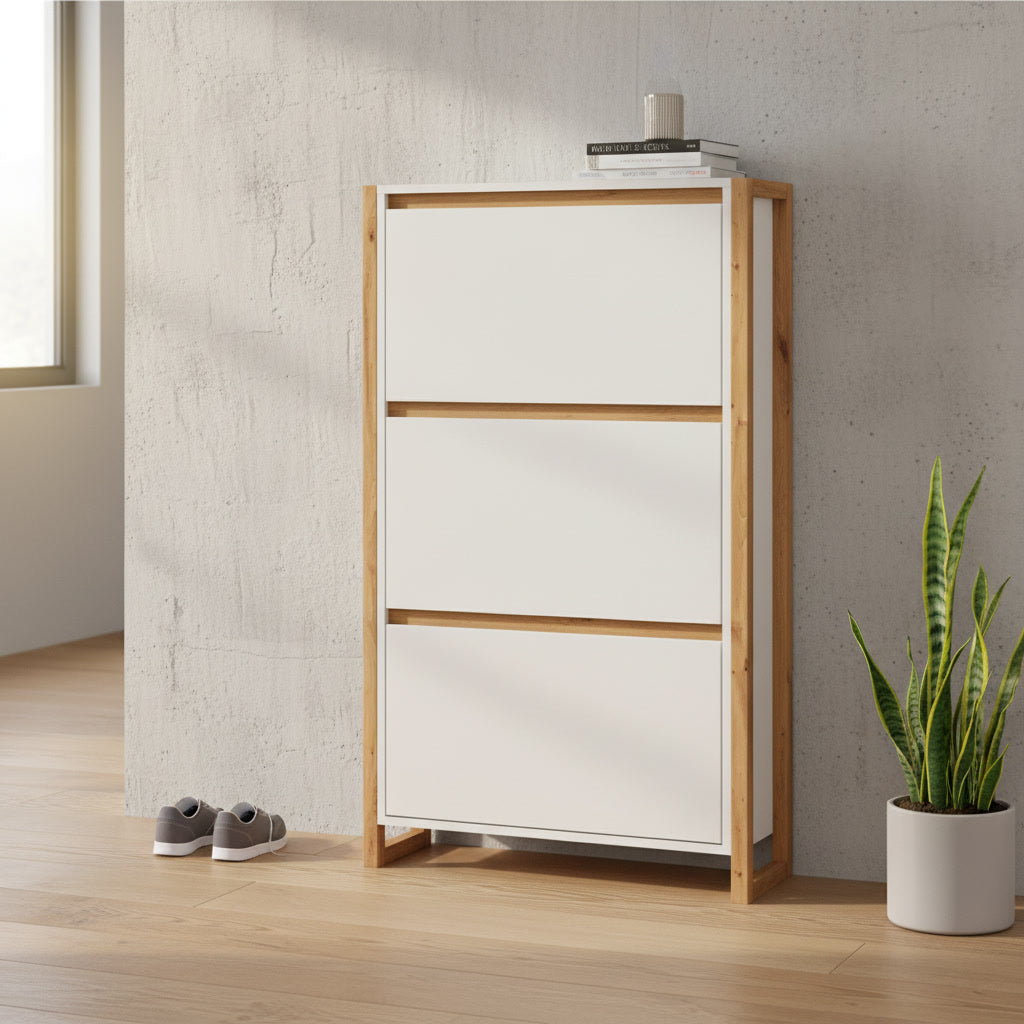 Meuble à chaussures vertical blanc et chêne 12 paires 70 x 25 x 125 cm