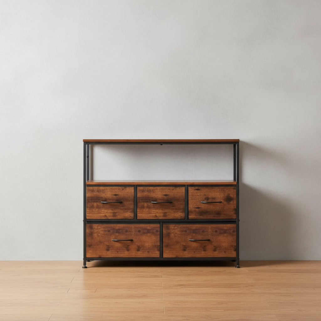 Meuble TV avec rangements – Console multimédia bois et métal, 5 tiroirs, 100 cm