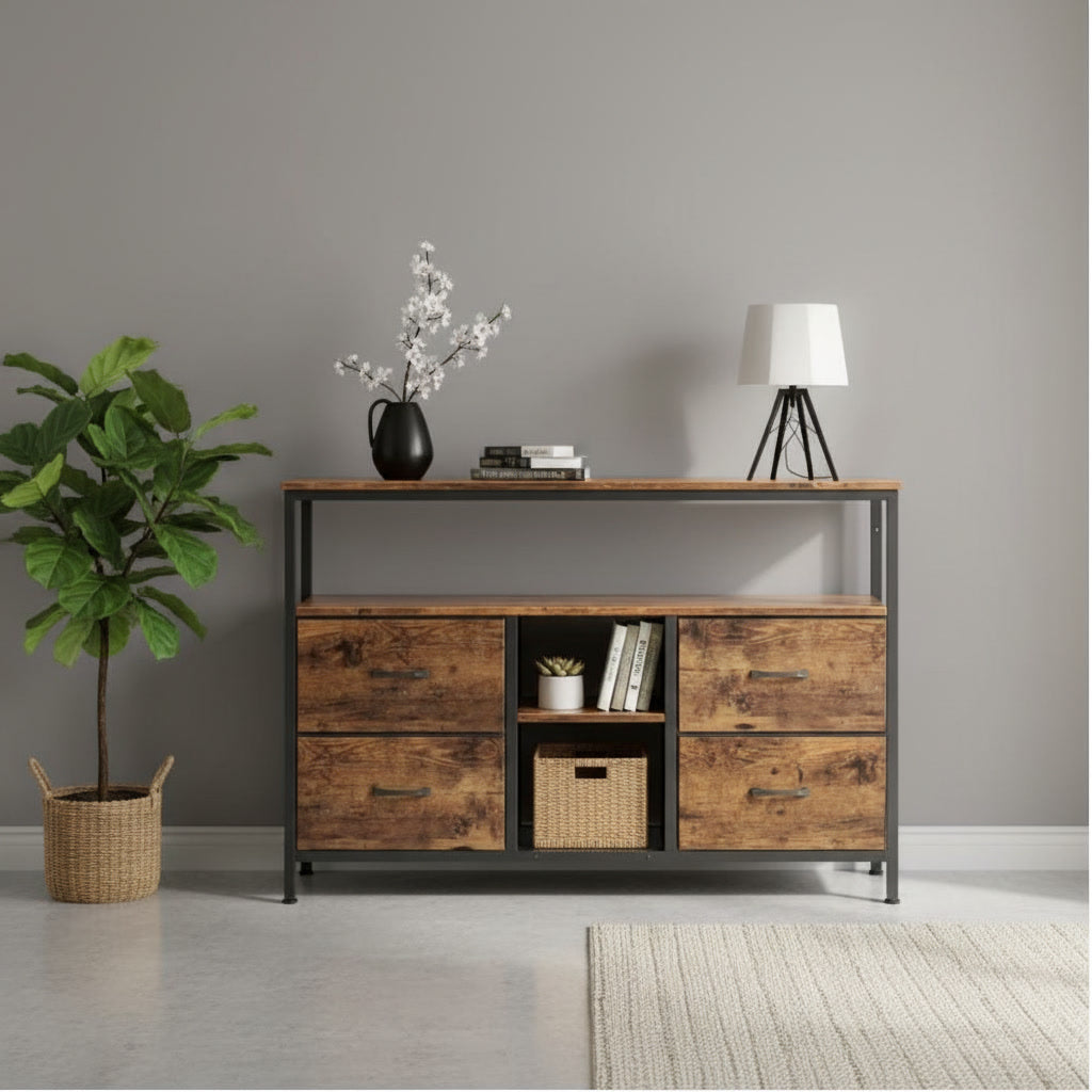 Buffet de rangement bois et métal avec éclairage LED – 4 tiroirs et étagères