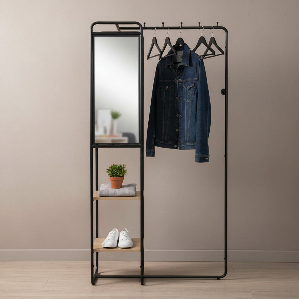 Meuble d’entrée avec miroir et étagères en métal et finition bois – 100 x 185 x 37 cm