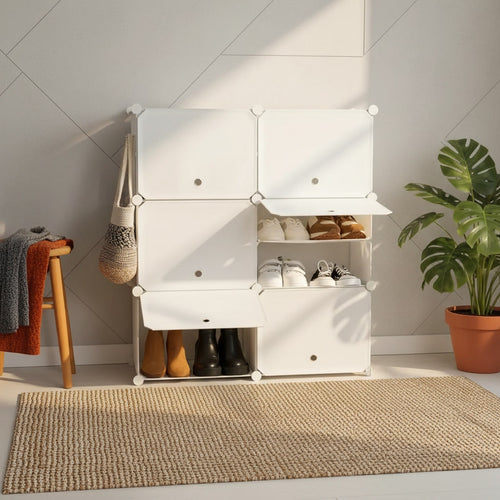 Étagère à chaussures modulaire blanche avec portes ventilées et porte-manteau