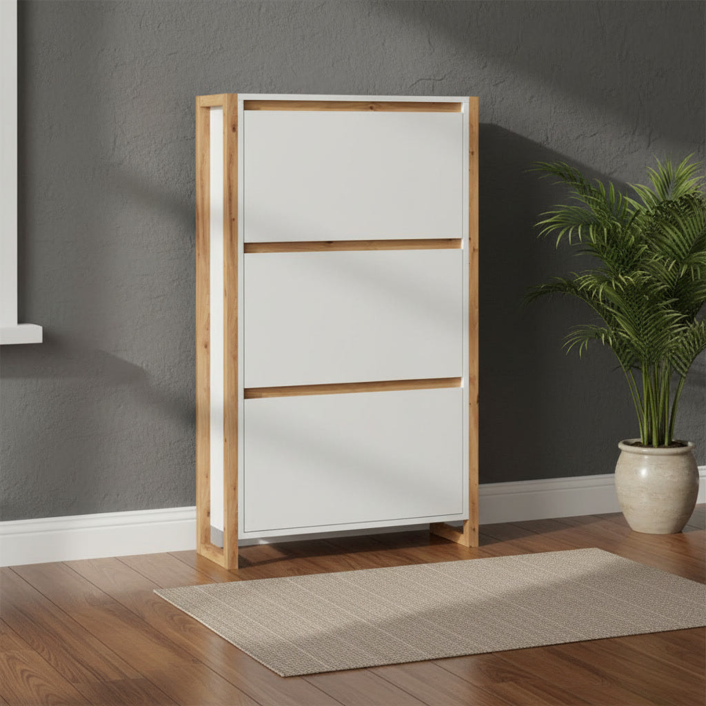 Meuble à chaussures vertical blanc et chêne 12 paires 70 x 25 x 125 cm