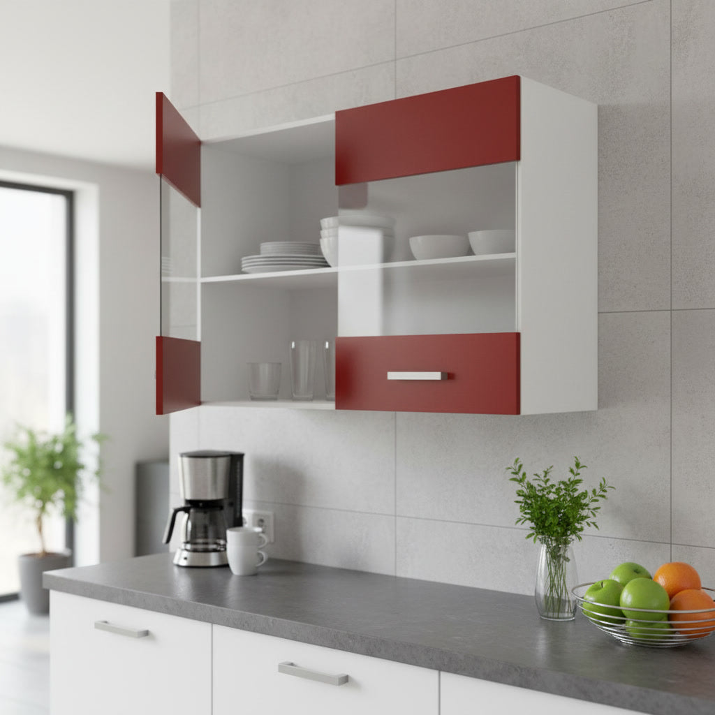 Meuble de cuisine haut rouge mat avec portes en verre 80 x 31 x 55 cm